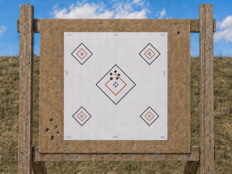 A completed paper target used for a factory-ammunition comparison